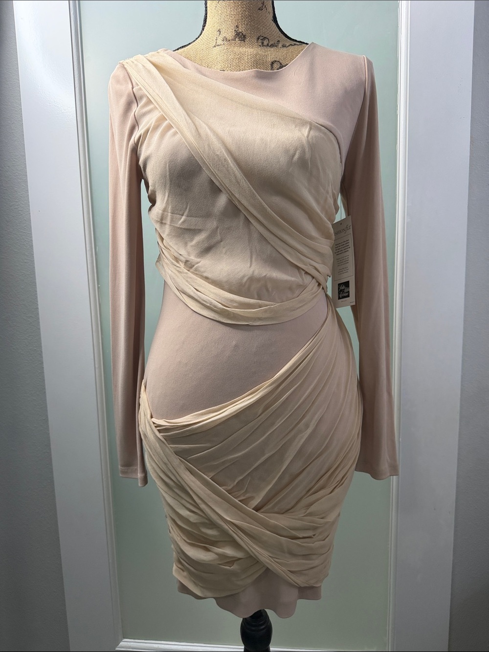 Alice + Olivia Nude Draped Mesh Bodycon Dress NWT Saks Size 8
